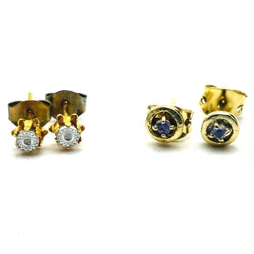 Tiny Stud Earrings Gold Tone Pierced Silver Blue Rhinestones Infant Baby