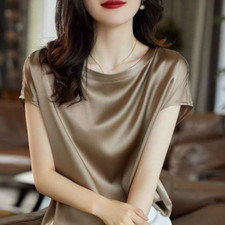 Damen Satin Kunstseide Top Kurzärmeliges Basic Bluse T-Shirt Glänzend Weich