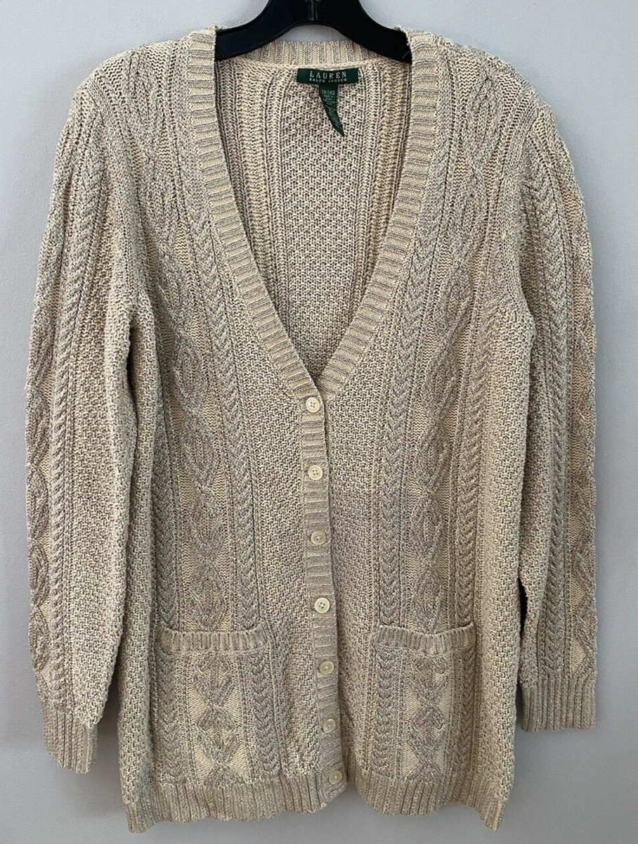 Lauren Ralph Lauren Cardigan Sweater Cable Knit Sparkly Silver V-Neck  Pockets 1X