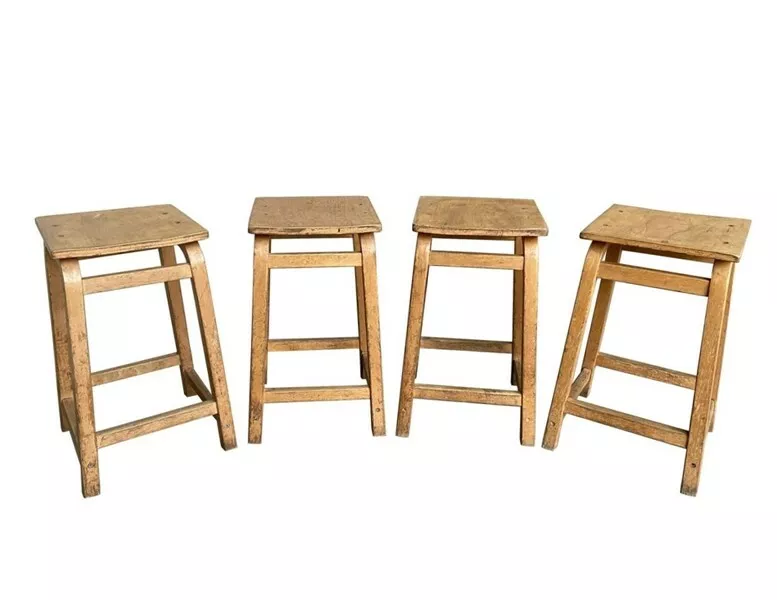 Set of 4 Old Reclaimed Wooden Waxed Stools School Chair Wooden Seat Bar Stool
