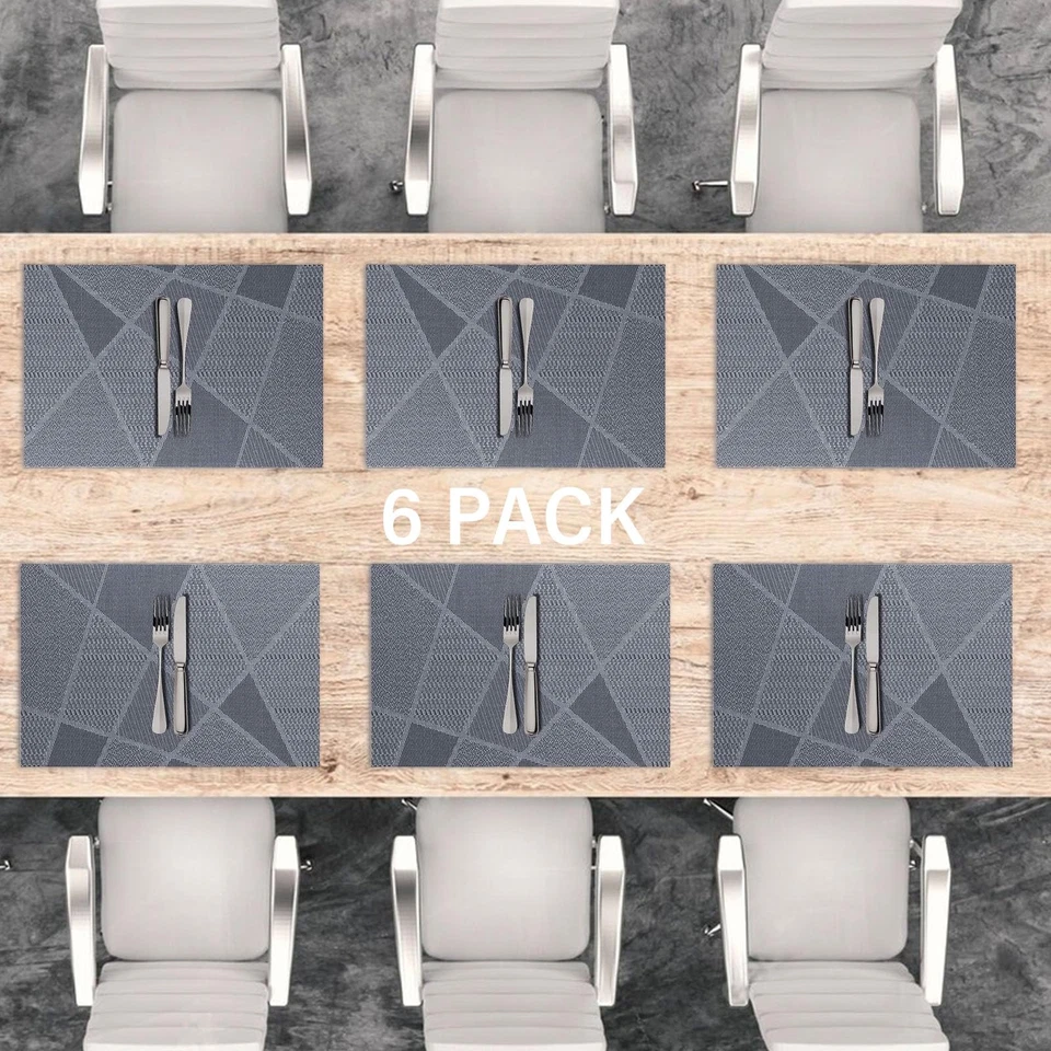 Set de Table Lavable Lot de 6 PVC Plastique Sets Noir Gris Rectangulaire Dess... - Photo 2/4