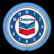 15" Chevron Gasoline Sign Blue Double Neon Clock Gas Oil
