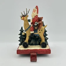 Holiday Home Santa On Reindeer Woodland Christmas Stocking Hanger Pine Trees