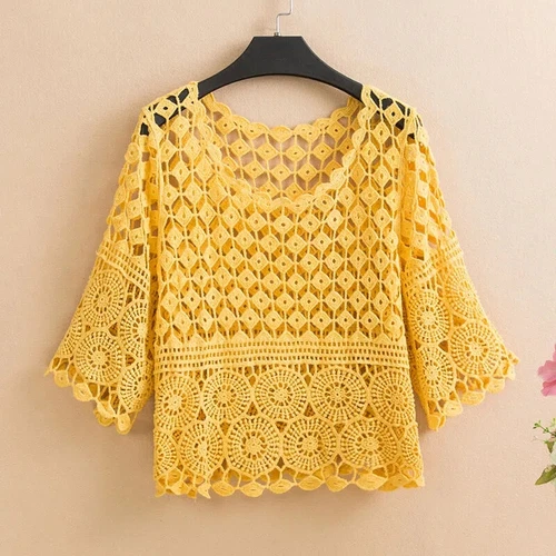 Women's Crochet Crop Top Hollow Pullover Summer concealer- - Bild 14 von 35