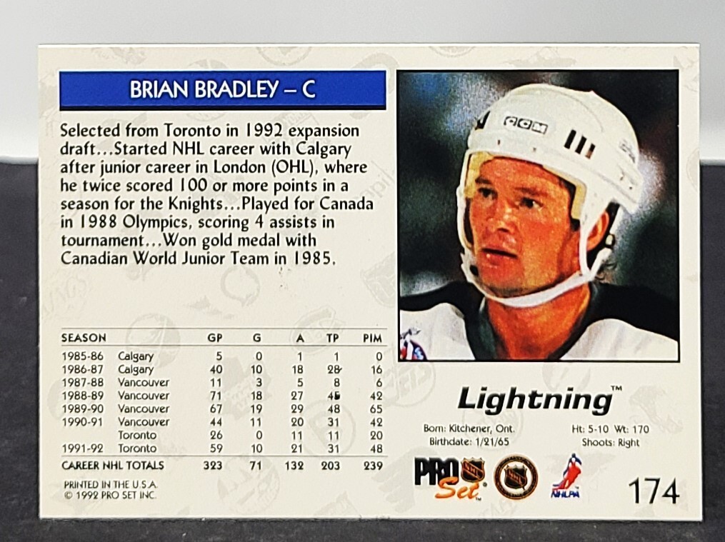 BRIAN BRADLEY Signed Autograph 1992 Pro Set Hockey Card #174 Tampa