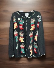 Stitches In Time Cardigan Sweater Stockings Holiday Christmas Black Size 1X Vtg