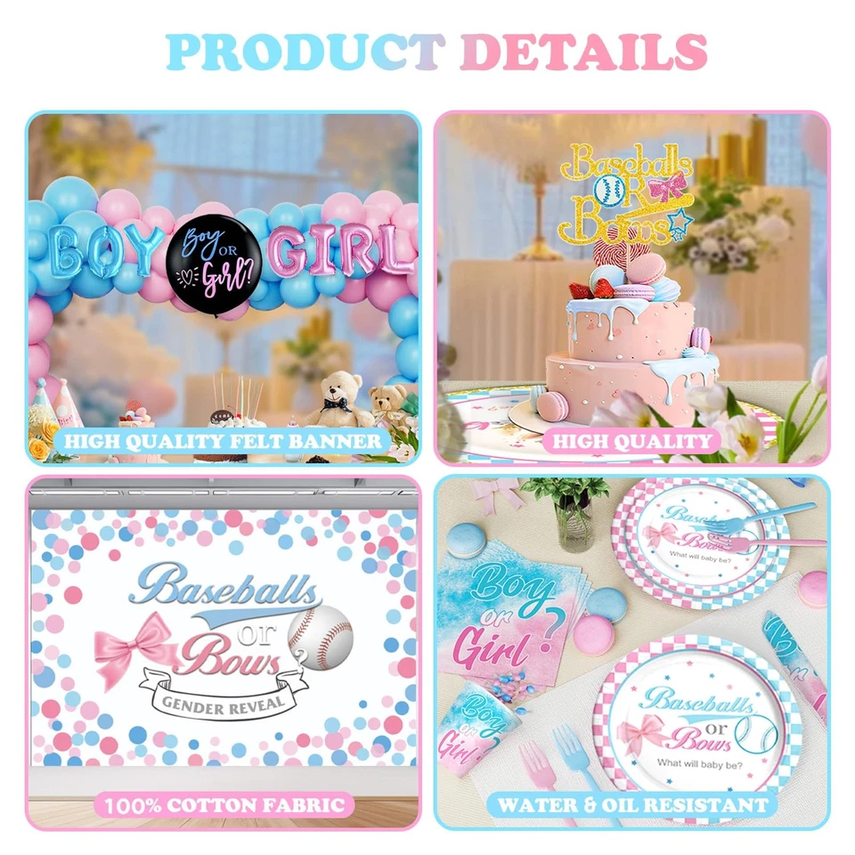 Juego de decoración de fiesta revelación de género - pelotas de béisbol y lazos, platos, servilletas, mantel... Foto 3 de 4