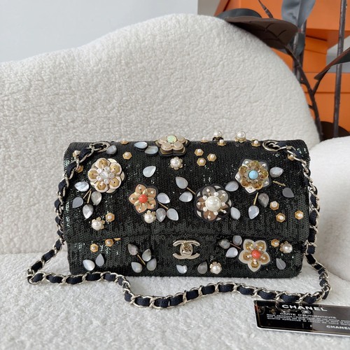 AUTH Chanel Classic Flap Dark Green Sequin Floral Pearl SH Chain Shoulder Bag