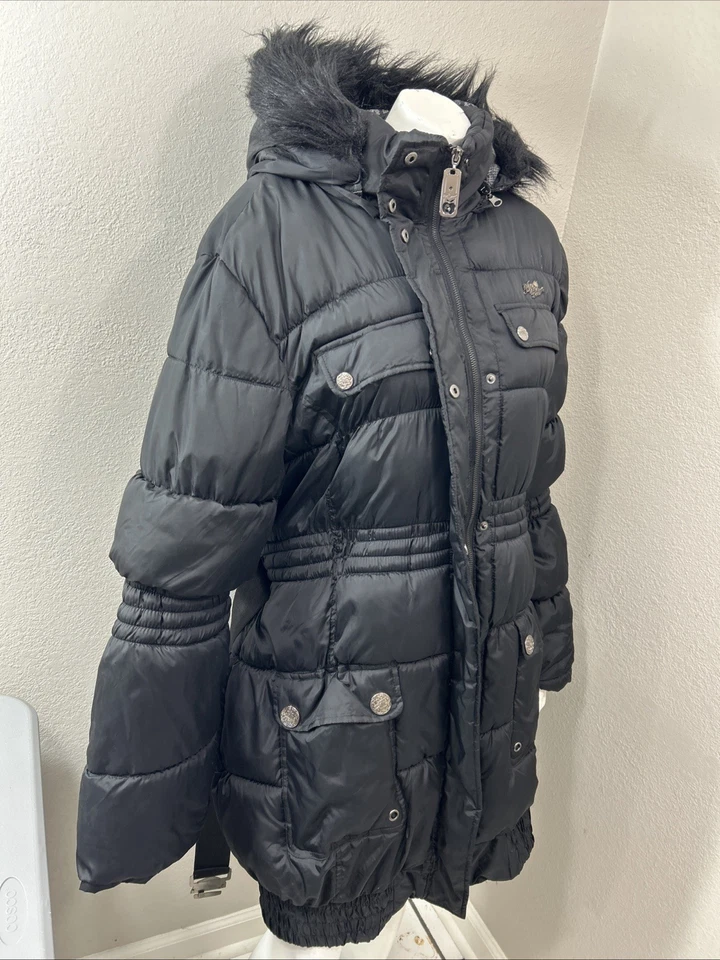 Apple Bottoms Puffer Negro Cuello de Piel Desprendible Capucha Cinturón Chaqueta Mujer’s Talla 3XL Foto 3 de 4