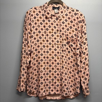 VTG Hunters Run Women s S Pink Button-up Blouse/Geometric Pattern/Double Buttons
