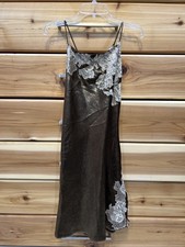 Natori Satin Chemise Metallic Gold Nightgown Slip Lace Applique Luxury Size S