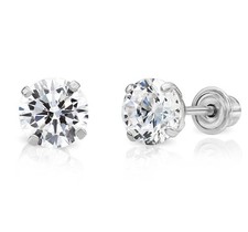 Solid 14k White Gold Cubic Zirconia Solitaire Screw Back Stud Earrings