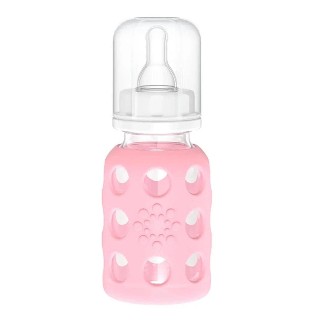 LifeFactory Pink 4oz Borosilicate Glass Baby Bottle with Silicone Sleeve