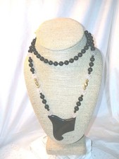 Collier pendentif simple brin perles quartz rose 14k, onyx 33 1/8"