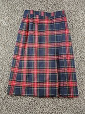 Vintage 1960s Womens Sz M Midi length A Line Skirt Red Blue Tartan Plaid