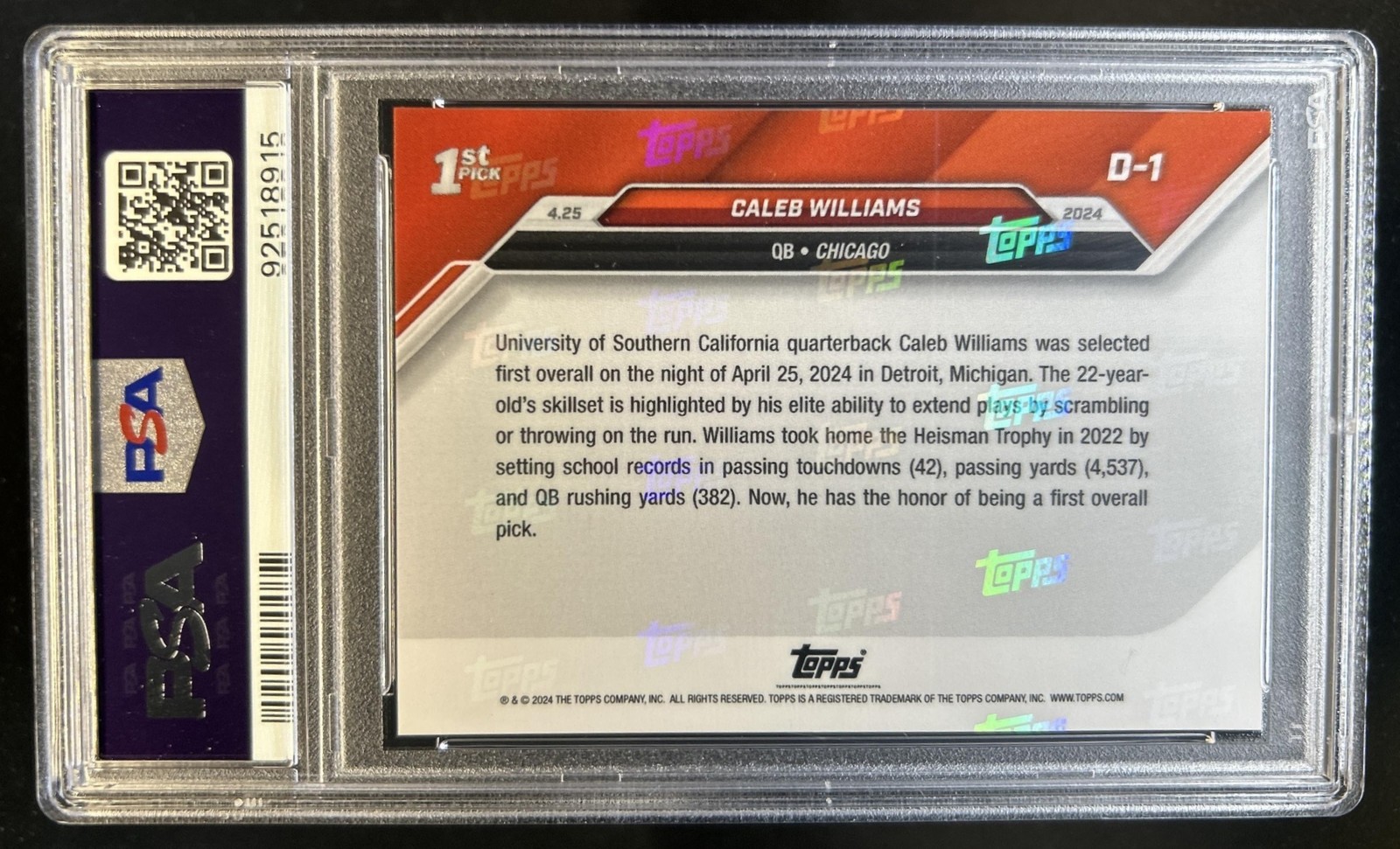 2024 Topps NOW Caleb Williams RC Rookie #D-1 Bears PSA 9 view 2