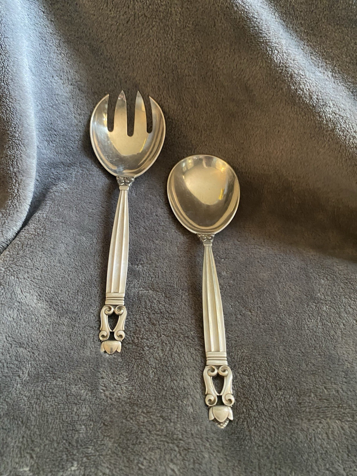 Georg Jensen Sterling Silver Salad Fork & Spoon Serving Set Acorn 8”