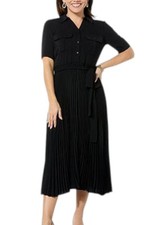 Nina Leonard Women's Collared Shirt Dress w/ Pleated Skirt Black