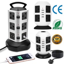 Extension 8/ 10 Way Tower Power Lead USB Multi Socket Surge Protected Socket UK