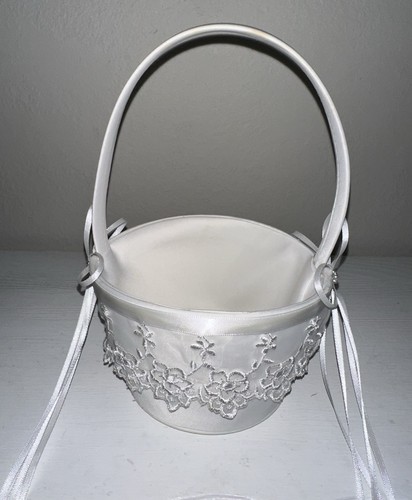 White Flower Girl Basket Satin with Bows Wedding