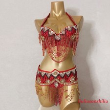 Seuqins Beaded Samba EDC Party Outfit Carnival Belly Dance Costume Bra Belt Red