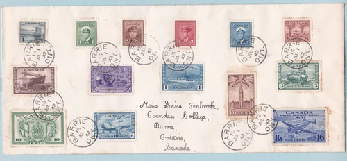 Canada 1942 War Effort First Day Cover to $1 SG 375-388 & Airmails Barrie