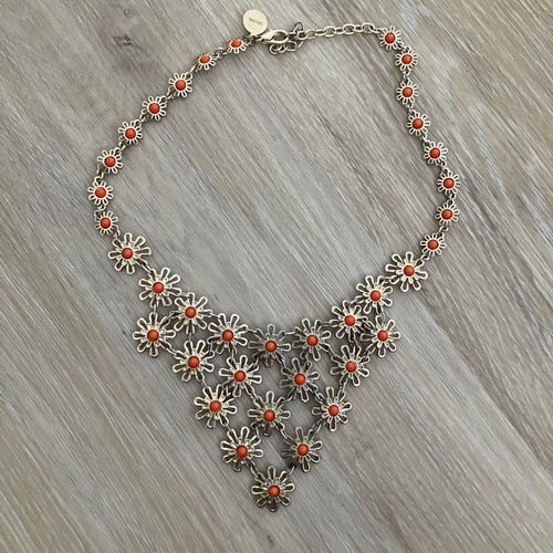 Beachy Coastal Orange Flower Medallion Boho Necklace Gold tone 