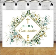 First Communion Backdrop, 7x5ft, Green Leaves, God Bless, Baptism, Vinyl