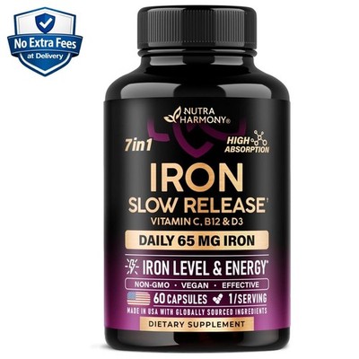 Iron 65mg with Vitamin C, E, D3, B6 B12 & Folate (Folic Acid 500mcg) 60 Capsules
