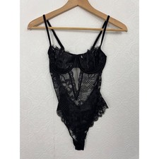 Victoria's Secret Black Floral Lace Underwire Bodysuit Eyelash Trim Small