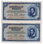 Hungary 1 million pengo 1945 P-122 / 2 PCS near consecutive serial nr. / XF+
