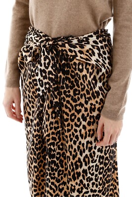 NWT GANNI Stretch Silk Satin Tie-Front Midi Skirt, Leopard Size