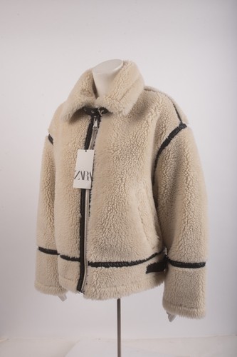 Zara Womens Blogger Oversized Jacket Sherpa Ivory Black S Small 3548/247 NWT - Picture 3 of 6