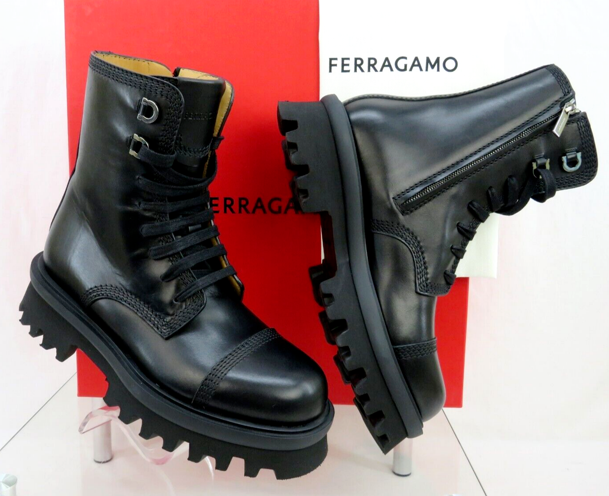 NIB FERRAGAMO FARAWAY BLACK LEATHER LOGO PLATFORM LACE ZIP  display picture 2