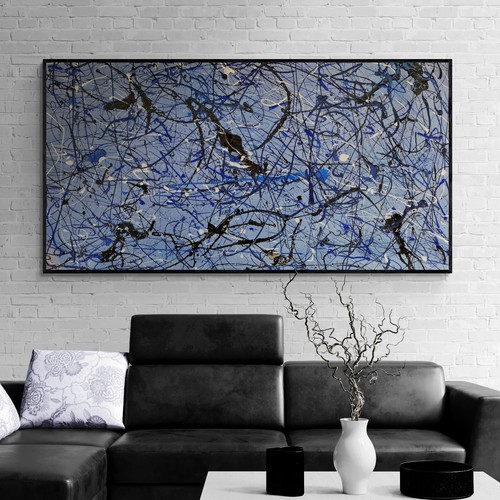 XXL Jackson Pollock Style Blue Jeans Abstract Painting - Handmade - 78x39 in - Picture 8 of 9