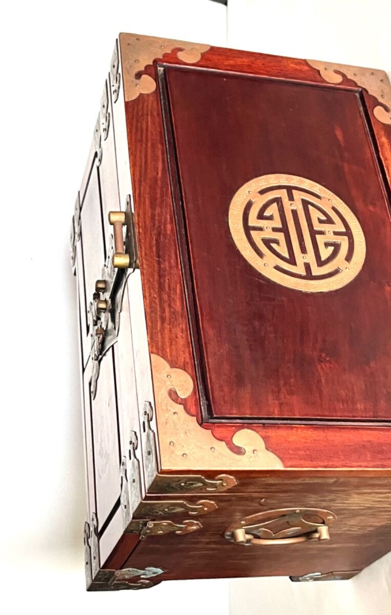 Large vintage Chinese rosewood jewelry box with red silk Large vintage Chinese rosewood jewelry box with red silk