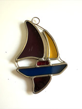 Vintage Stained Glass SunCatcher Window Lead Metal Sailboat Boat Gold Nautical