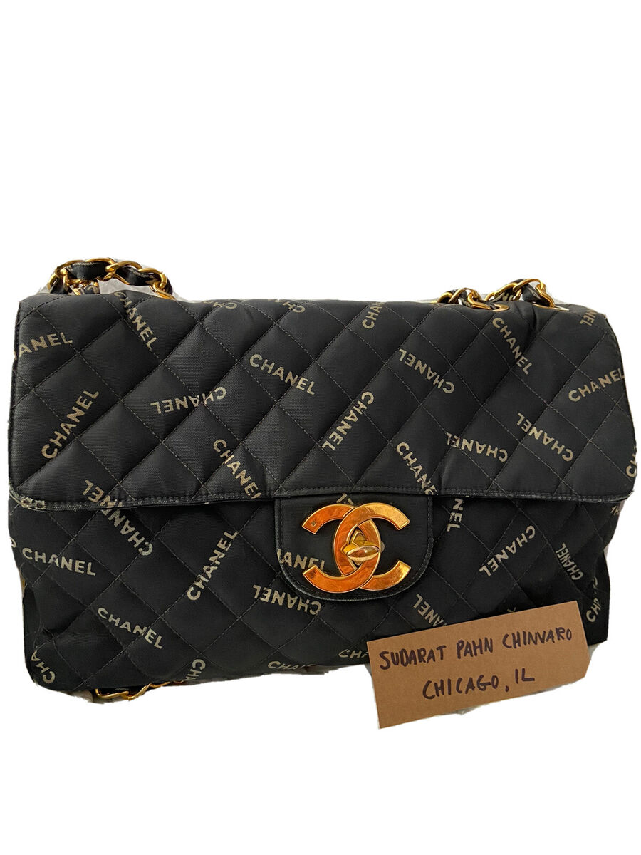 CHANEL CC BLACK LOGO LETTER PRINT VINTAGE MAXI JUMBO FLAP CHANEL CC BLACK LOGO LETTER PRINT VINTAGE MAXI JUMBO FLAP