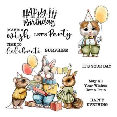 Happy Birthday Animals Cat Mouse Rabbit Squirrel Metal Cutting Dies Clear Stamps