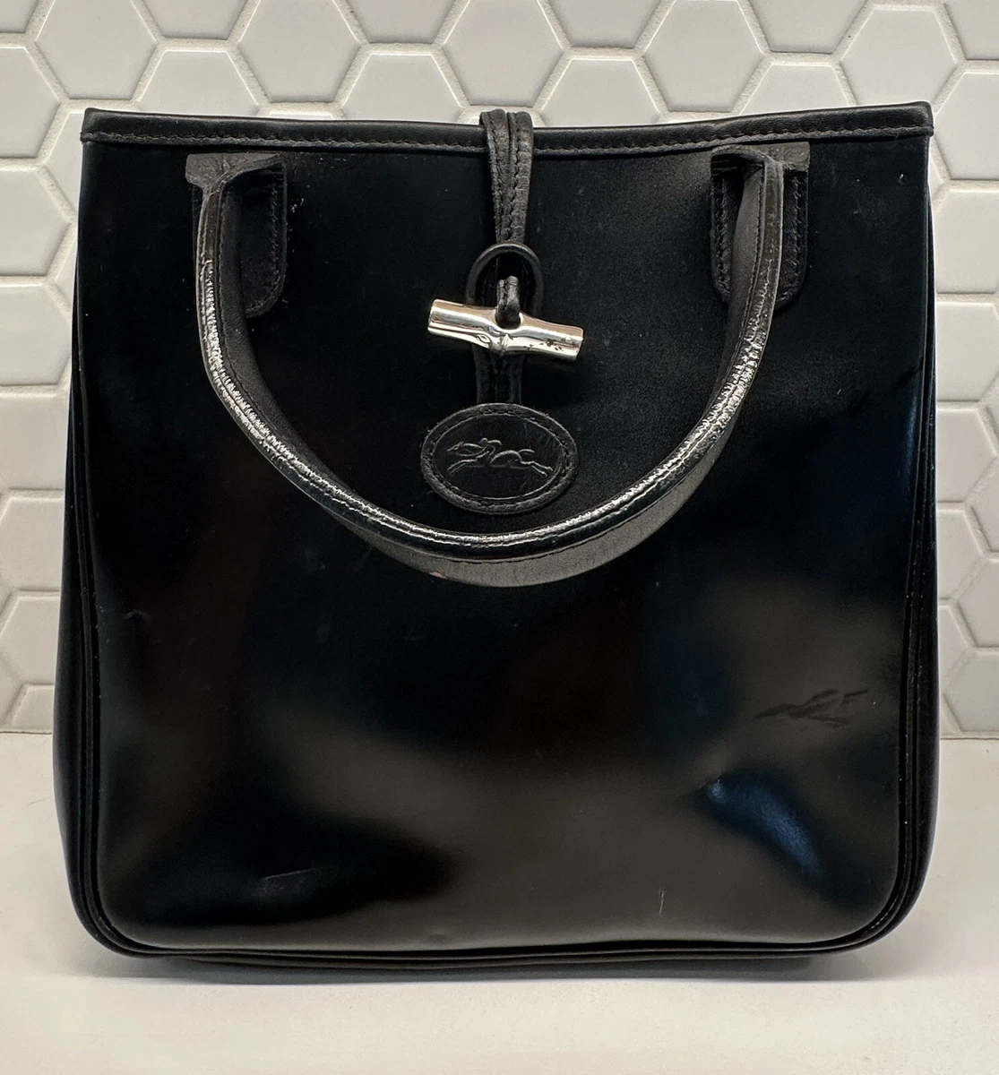 Longchamp Black Leather Handbag Made In France Silver Hardware eBay