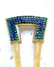 Blue green rhinestone hair pin Art Deco celluloid hair accessory