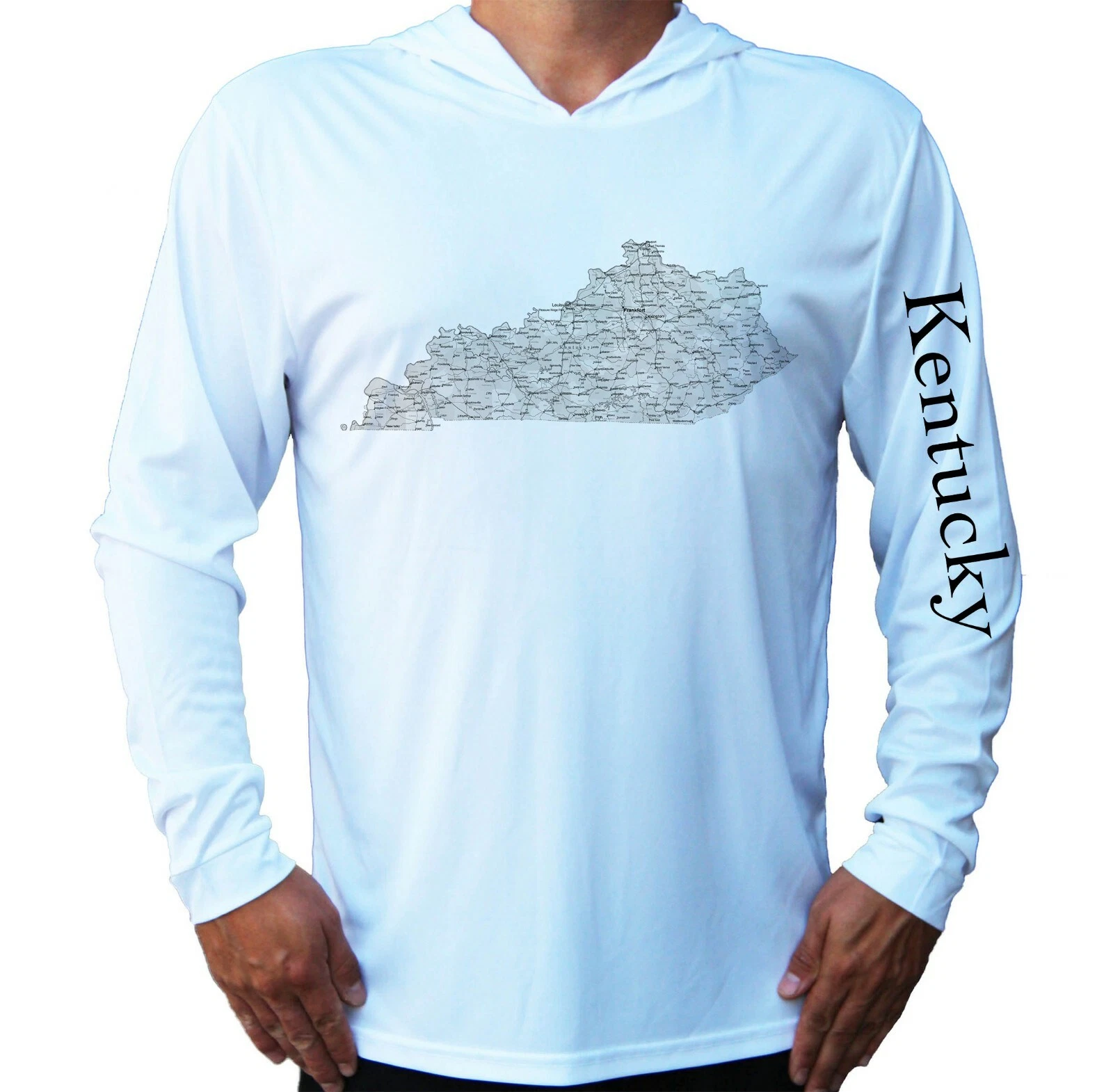 Kentucky State Map Sport UV Protected UPF 50 Long Sleeve T-Shirt Hood Fishing