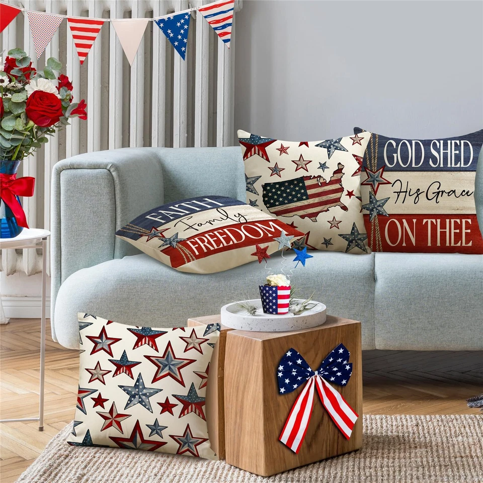 Juego de 4 fundas de almohada 4 de julio decoraciones estrellas de la libertad bandera de Estados Unidos regalo 18x18 Foto 3 de 4