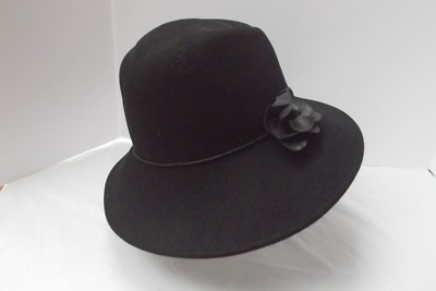 nine west 100% wool L Fedora outback wide brim black hat flower trim  MINT