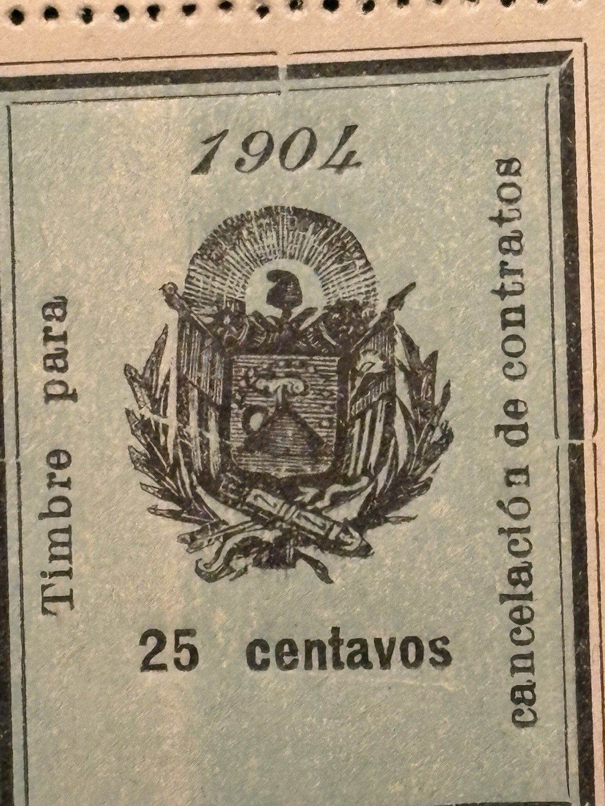 1904 El Salvador 25 Centavos Stamp Timbre Para Cancelacion Revenue