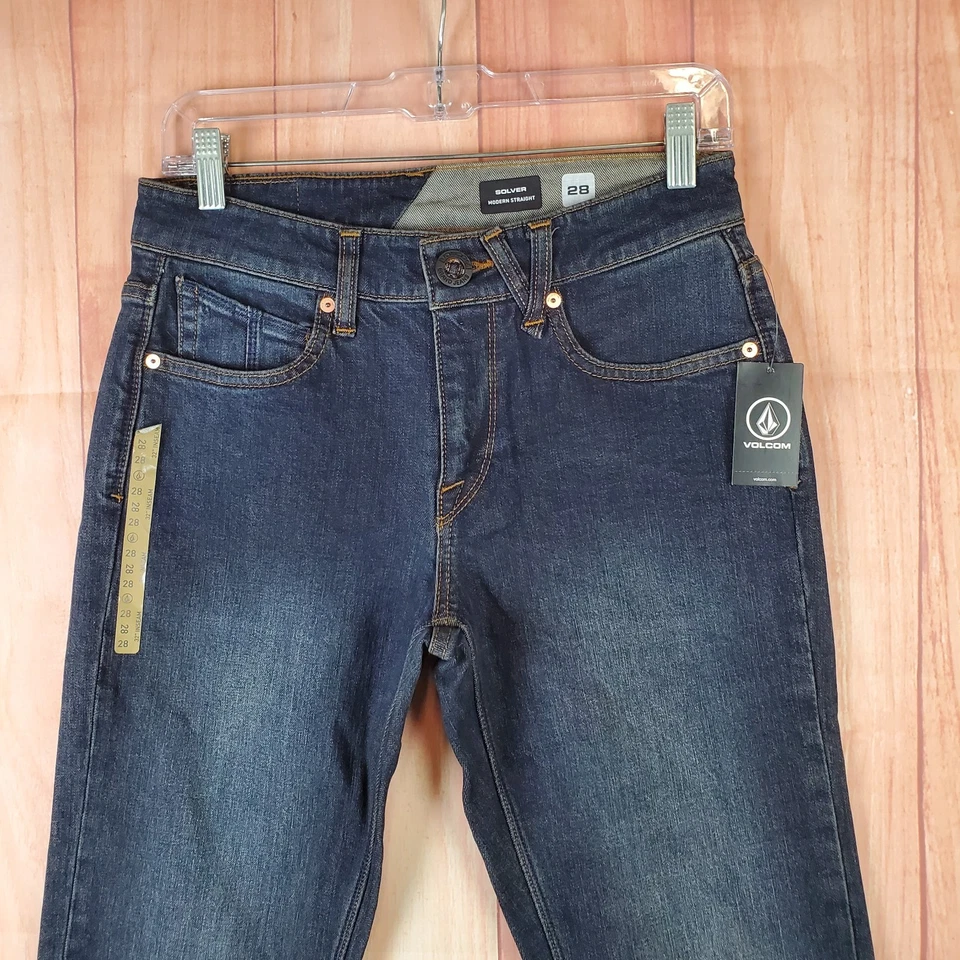 Volcom Solver Jeans Mens 28 X 32 Blue Denim Cotton Pockets Straight Leg Zip Fly - Image 3 of 4