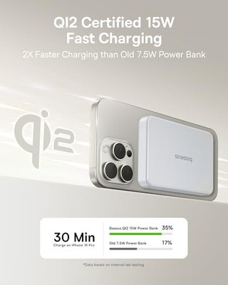 BASEUS MAGSAFE PORTABLE CHARGER FOR IPHONE, 10,000MAH 15W MAGPOWER BANK WHITE