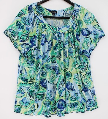 Links Shirt Womens 2X Blue Green Seashell Print Flutter Sleeve Tunic Top Blouse