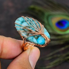 Copper Blue Turquoise Gemstone Copper Wire Wrap Jewelry Ring Size 6.5 r512