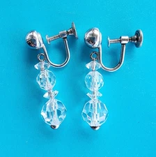 Art Deco Era Sterling Silver Cut Crystal Dangle Screwback Earrings RF Simmons